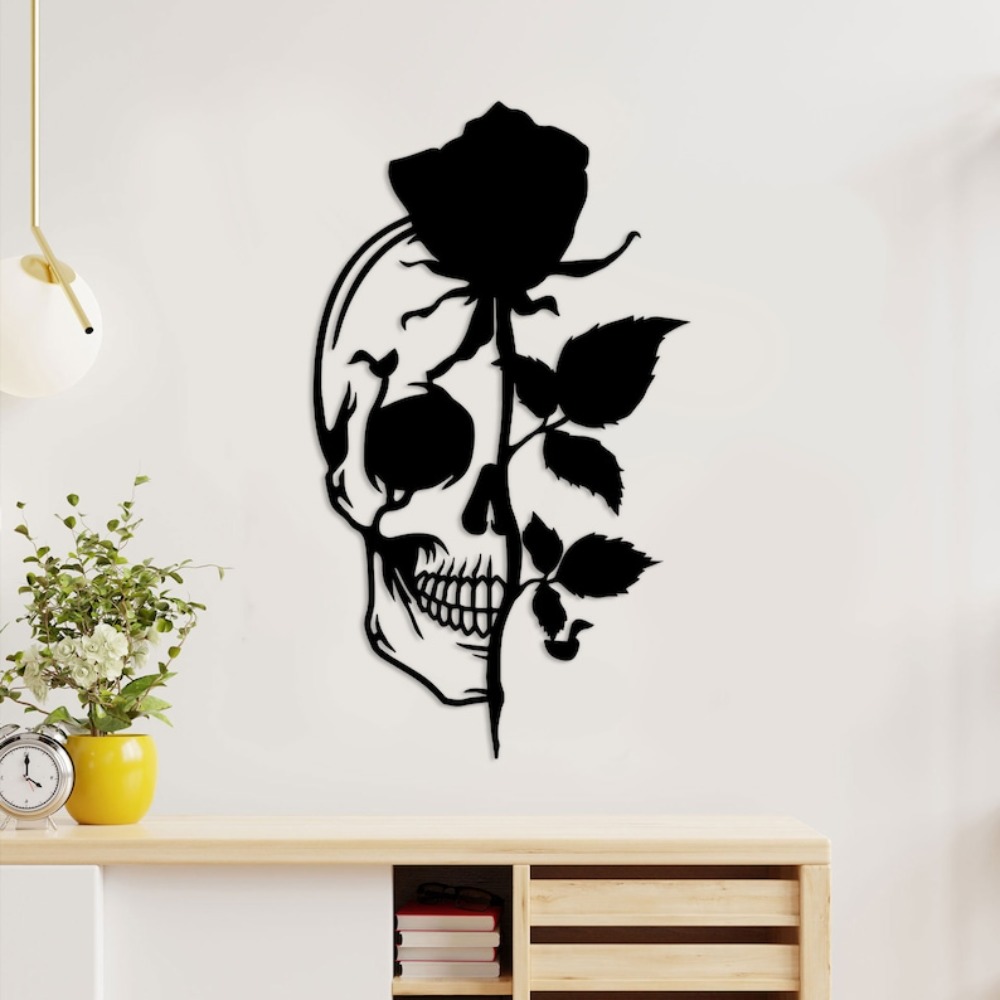 Skull with Rose Metal Wall Art - Halloween Skeleton Decoration ulasan dan harga